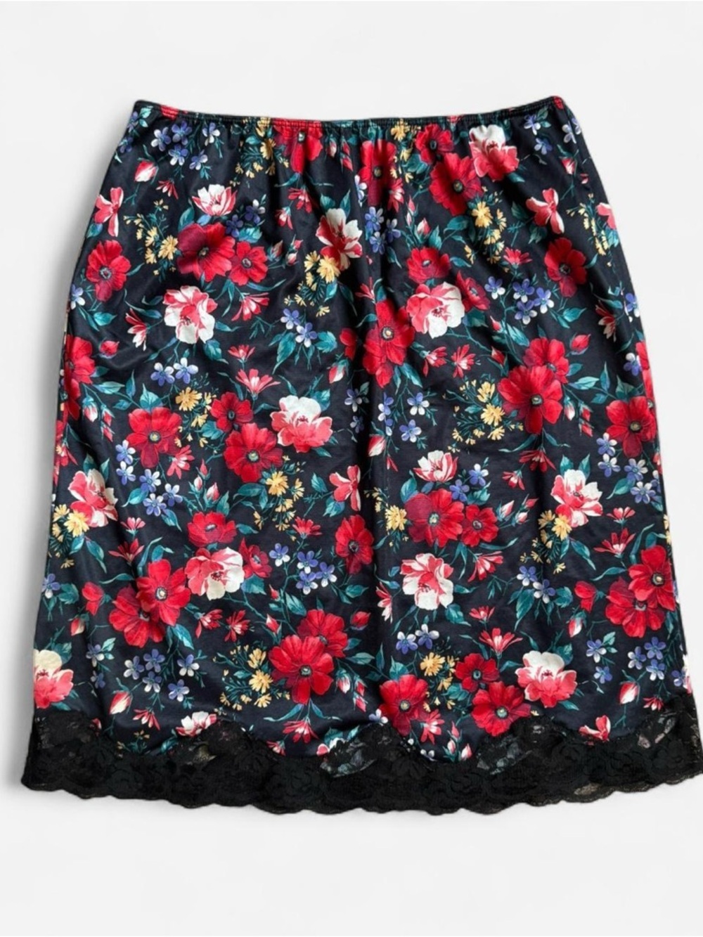 Vintage 80s floral printed slip skirt with lace trim
